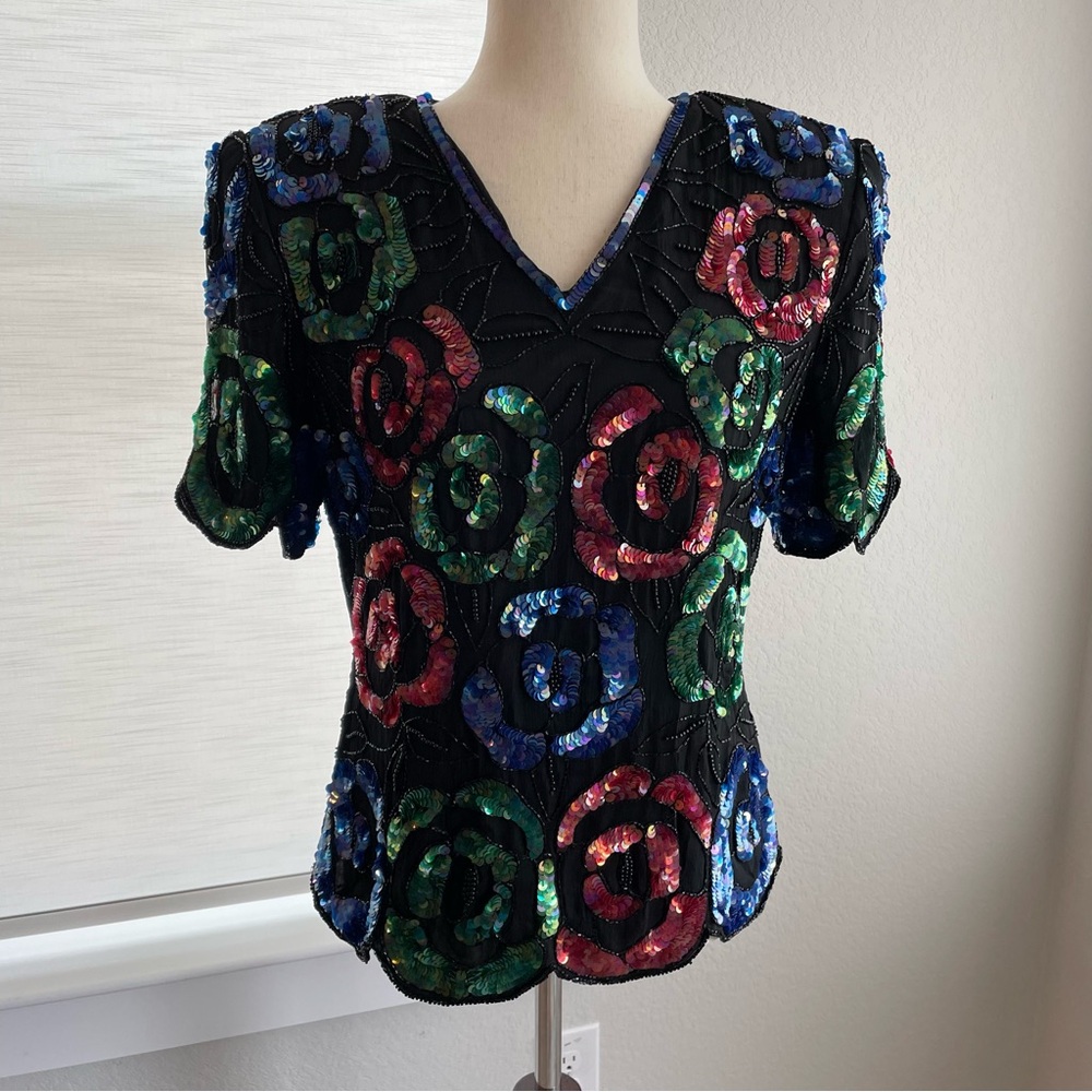 Vintage Stenay Silk Beaded and Sequin Top Short Sleeve Size Small